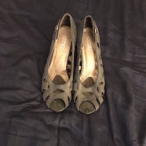 Grey Leather Peep-Toe Wedge Heels